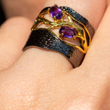 Silver Tree Branch Amethyst Stone Creative Ring - Heron & Swan