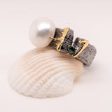 Irta Green Spinel Baroque Pearl Ring in Sterling Silver - Heron and Swan