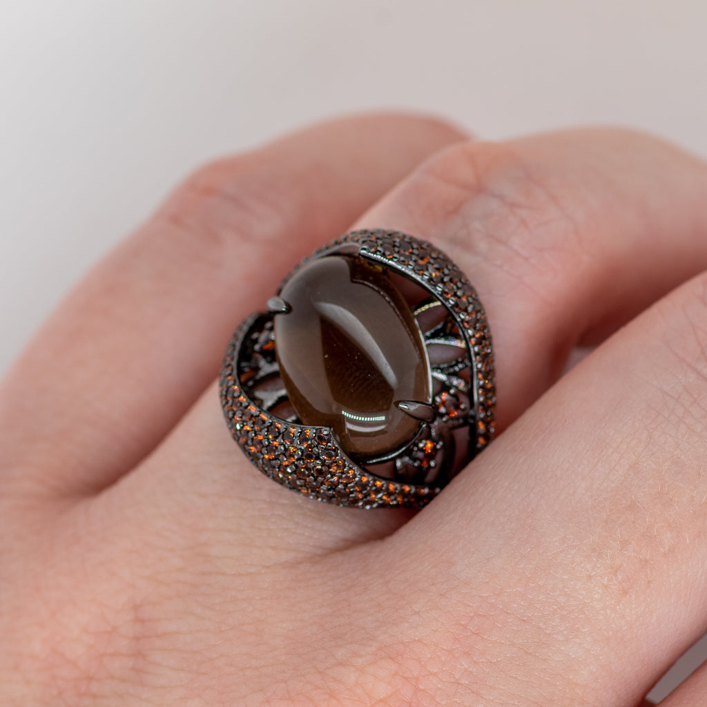 Morion Quartz Ring in Sterling Silver - Heron and Swan
