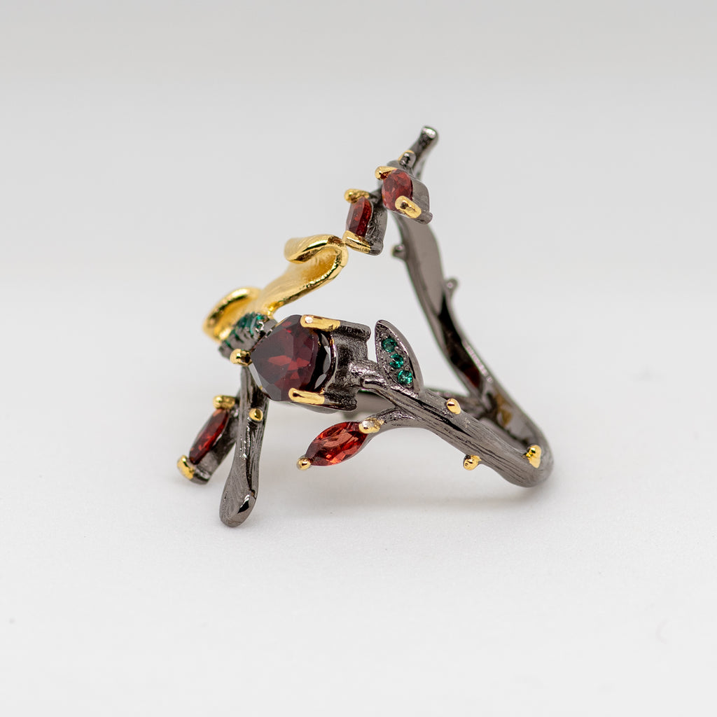 Monarch Garnet Ring in Sterling Silver - Heron and Swan