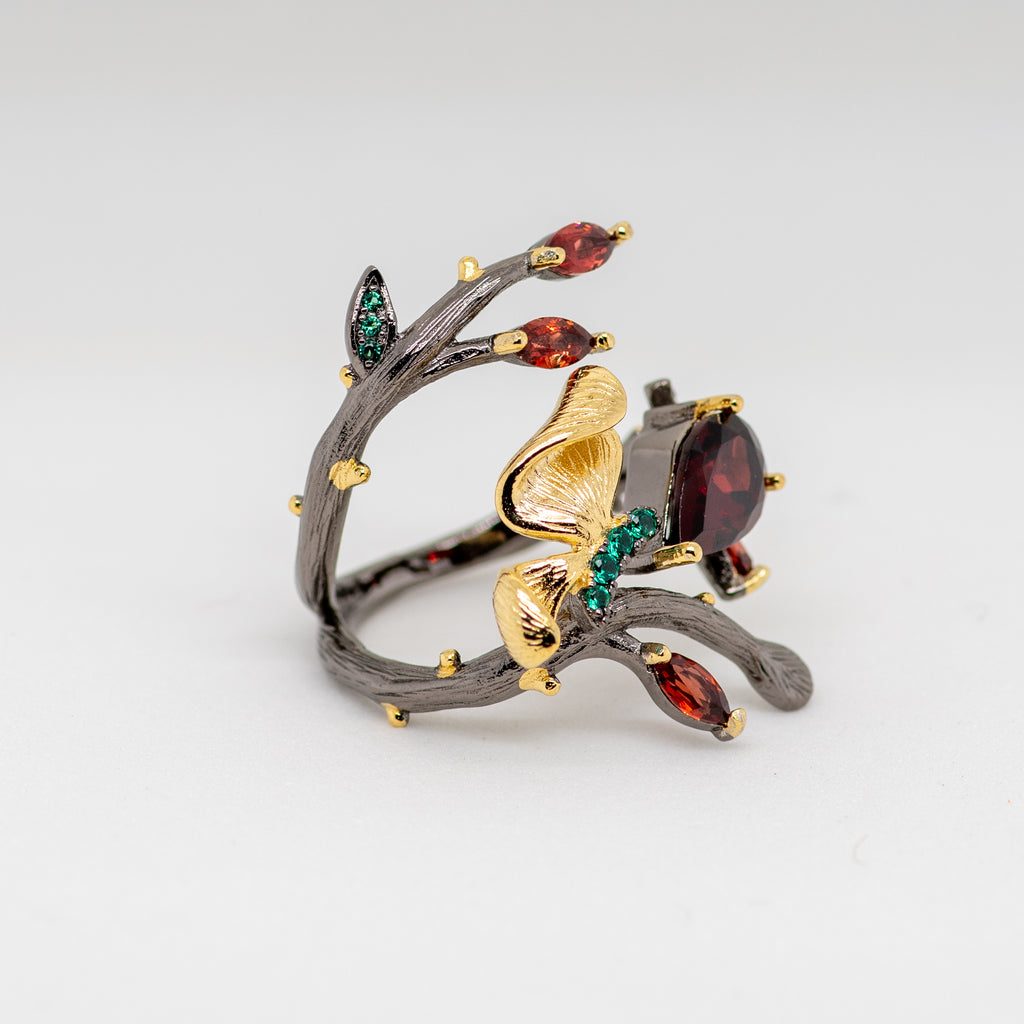 Monarch Garnet Ring in Sterling Silver - Heron and Swan