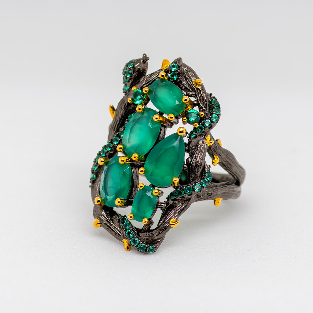 Eve Green Agate Ring in Sterling Silver - Heron and Swan