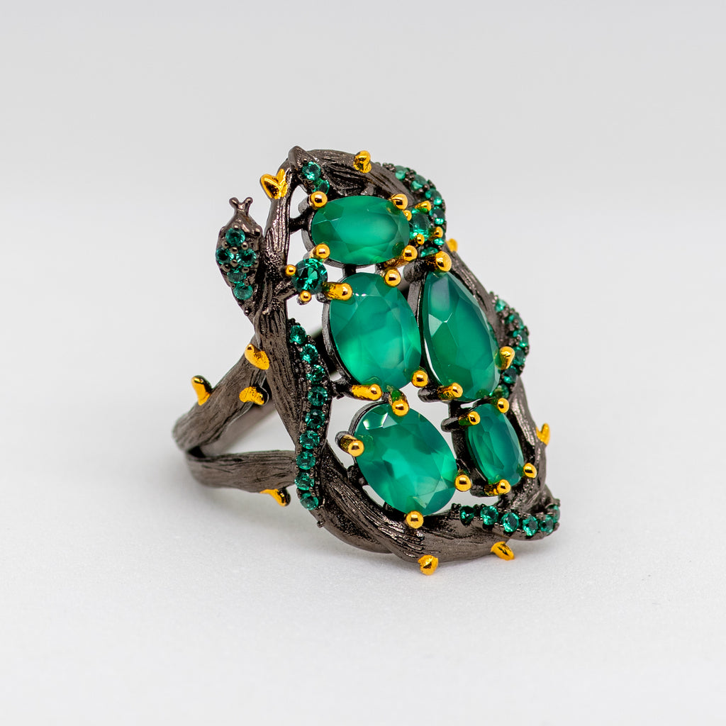 Eve Green Agate Ring in Sterling Silver - Heron and Swan