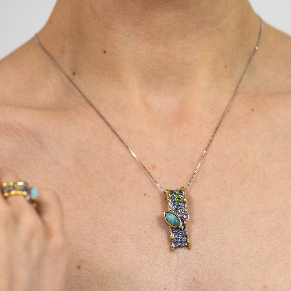 Celeste Larimar Pendant in Sterling Silver - Heron and Swan