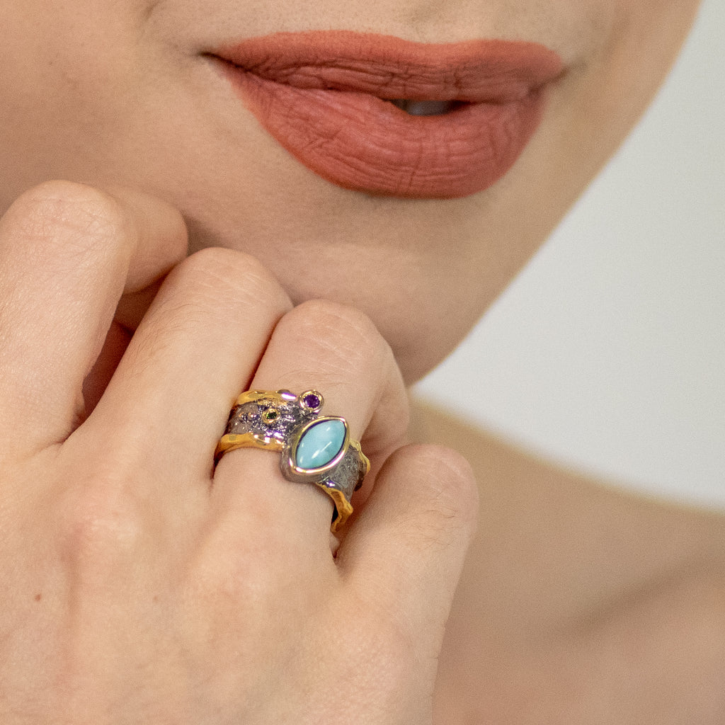 Celeste Larimar Ring in Sterling Silver - Heron and Swan