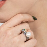 Irta Green Spinel Baroque Pearl Ring in Sterling Silver - Heron and Swan