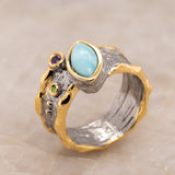 Celeste Larimar Ring in Sterling Silver - Heron and Swan