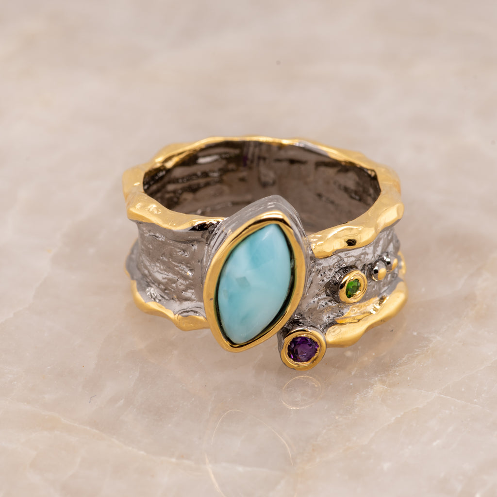 Celeste Larimar Ring in Sterling Silver - Heron and Swan