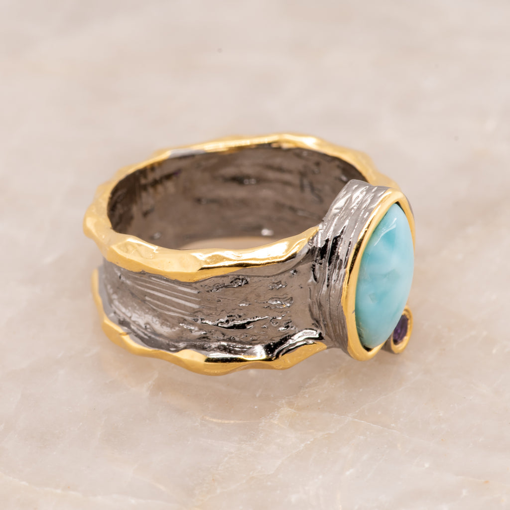 Celeste Larimar Ring in Sterling Silver - Heron and Swan