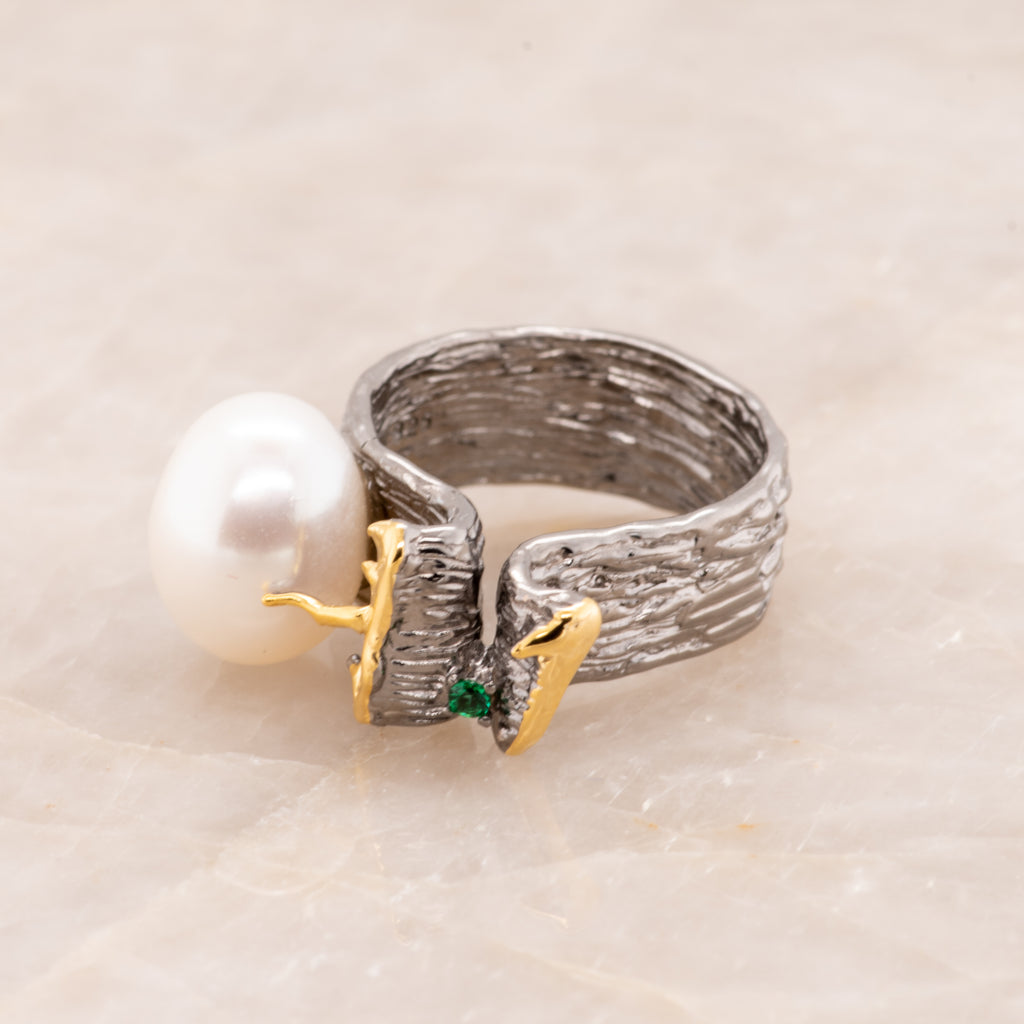 Irta Green Spinel Baroque Pearl Ring in Sterling Silver - Heron and Swan