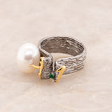 Irta Green Spinel Baroque Pearl Ring in Sterling Silver - Heron and Swan