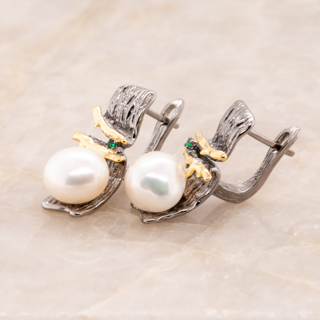 Irta Green Spinel Baroque Pearl Earrings in Sterling Silver - Heron and Swan