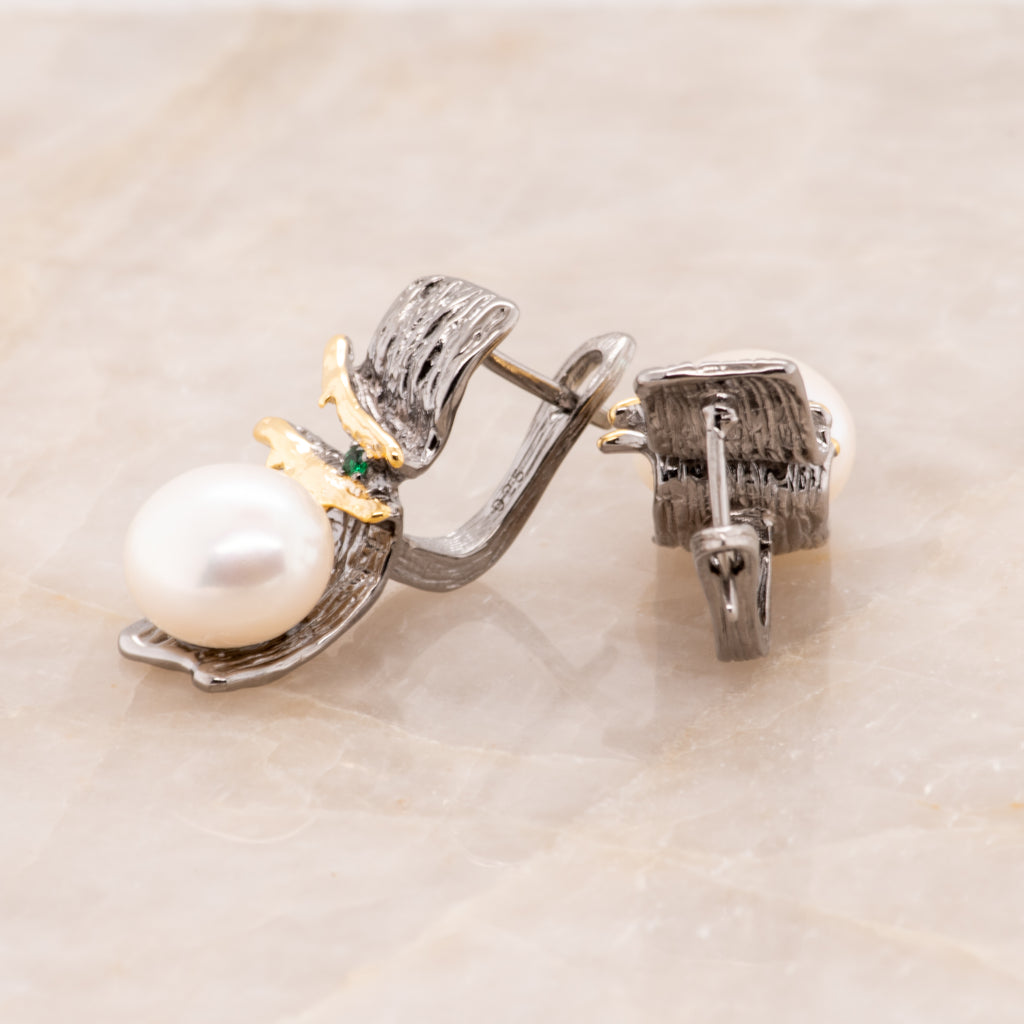 Irta Green Spinel Baroque Pearl Earrings in Sterling Silver - Heron and Swan