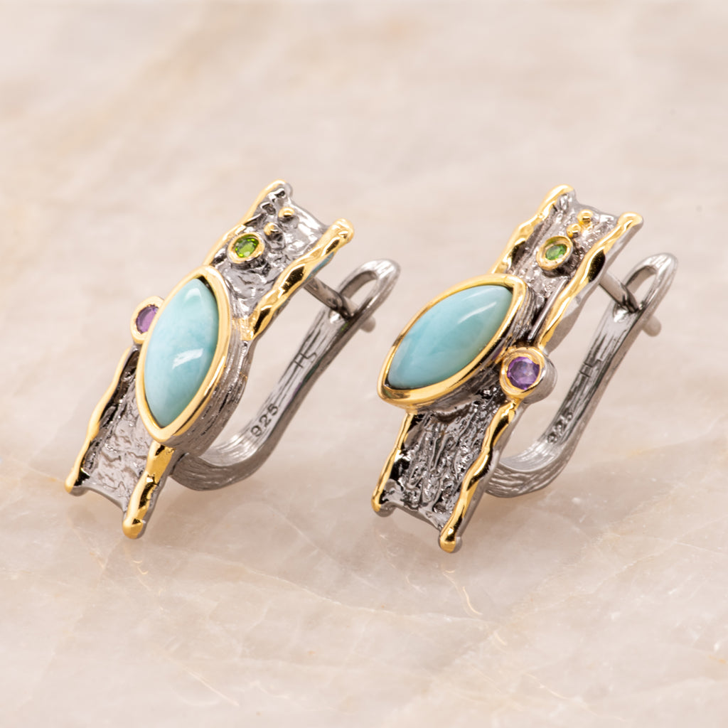 Celeste Larimar Earrings in Sterling Silver - Heron and Swan