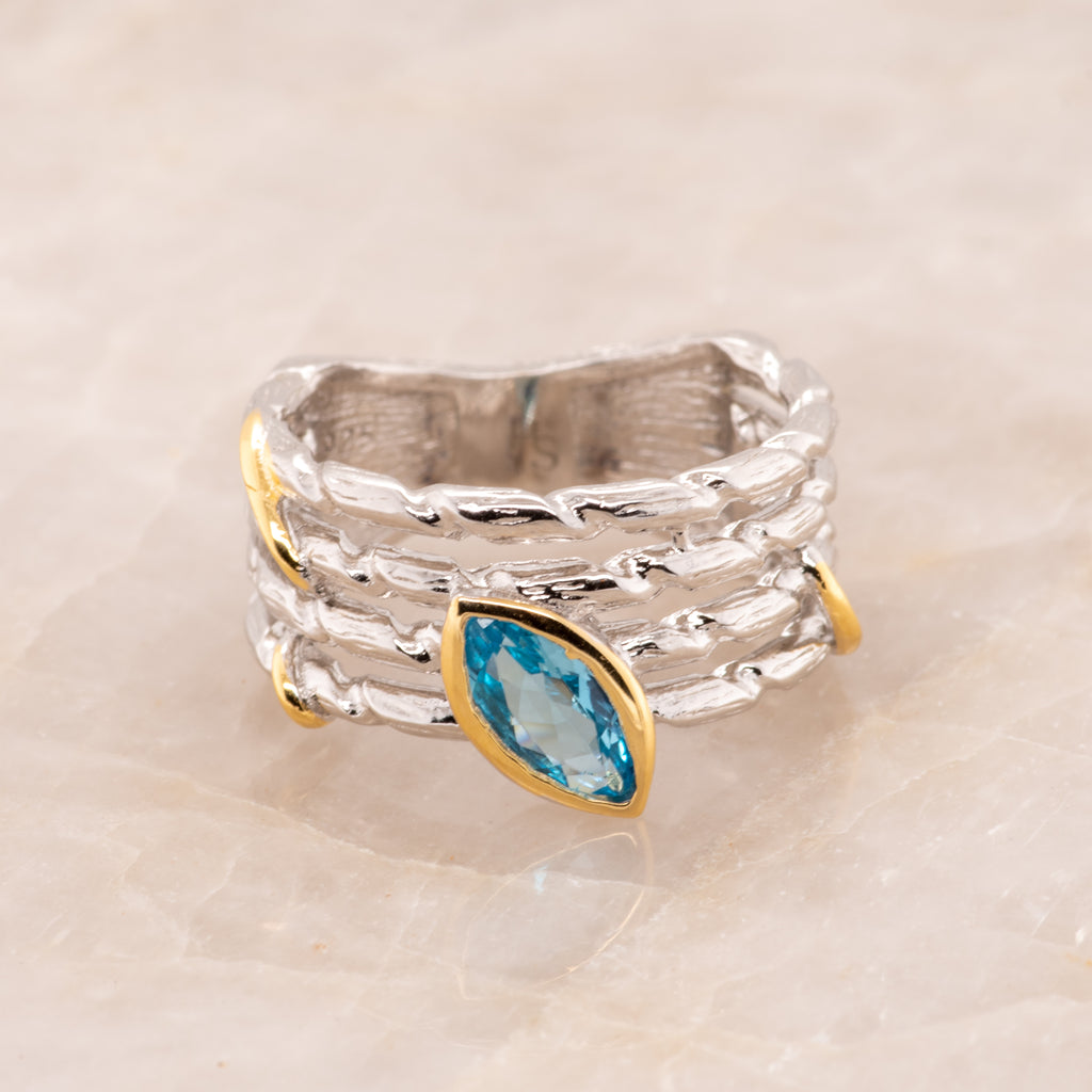 Lazuli Topaz Ring in Sterling Silver - Heron and Swan