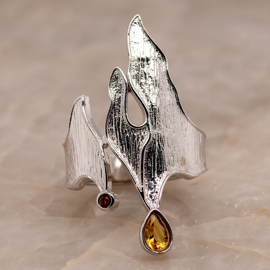 Odeta Citrine Garnet Ring in Sterling Silver - Heron and Swan