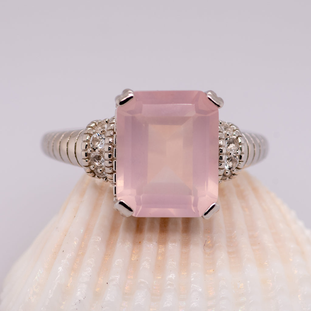 Giga Rose Quartz Ring in Sterling Silver - Heron and Swan