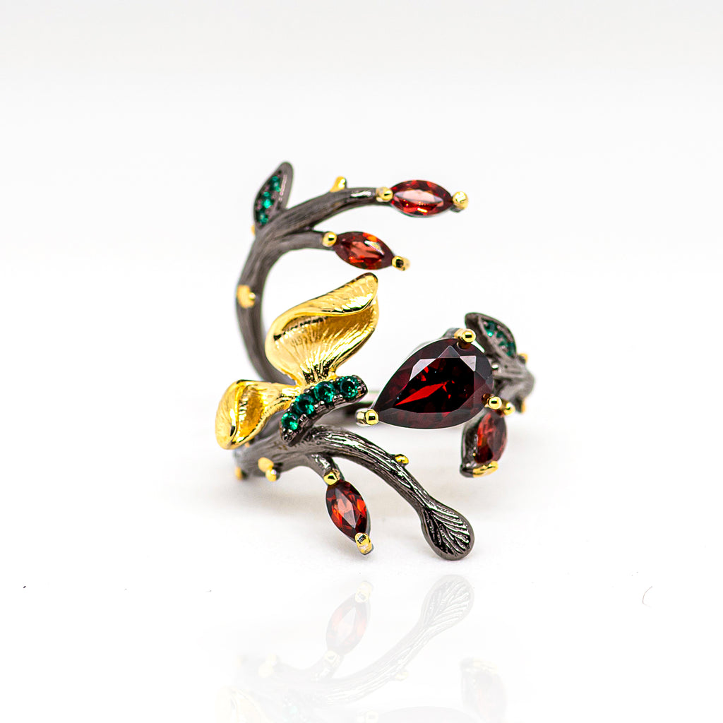 Monarch Garnet Ring in Sterling Silver - Heron and Swan