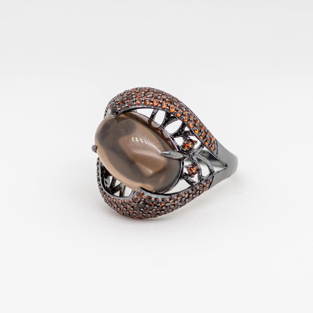 Morion Quartz Ring in Sterling Silver - Heron and Swan