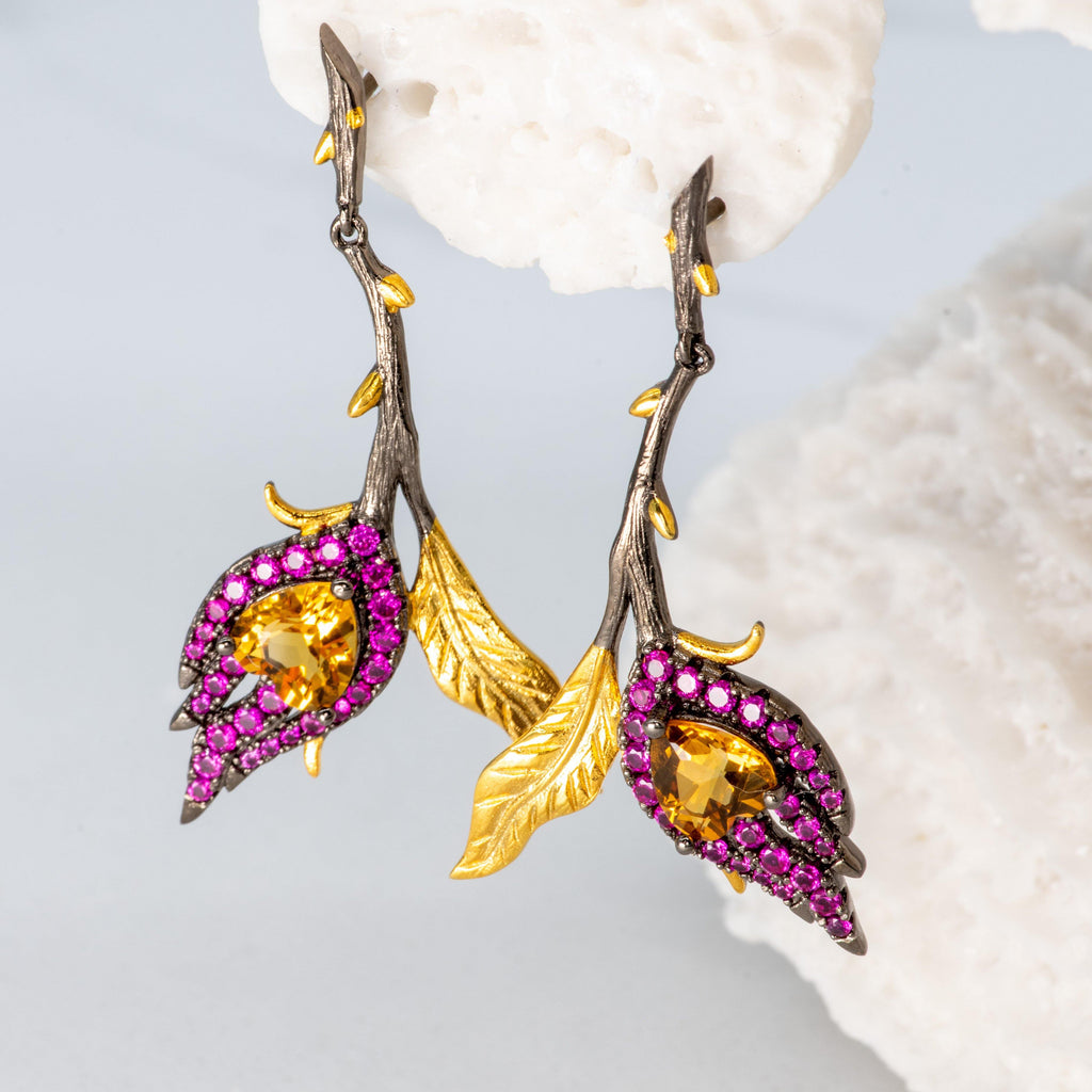 Silver Flower Leaf Citrine Stone Dangle Earrings - Heron & Swan