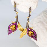 Silver Flower Leaf Citrine Stone Dangle Earrings - Heron & Swan