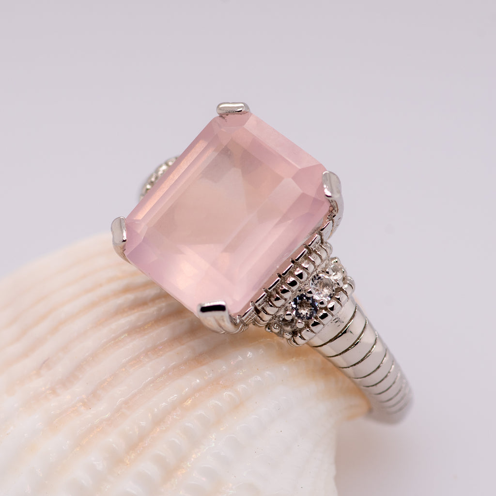 Giga Rose Quartz Ring in Sterling Silver - Heron and Swan
