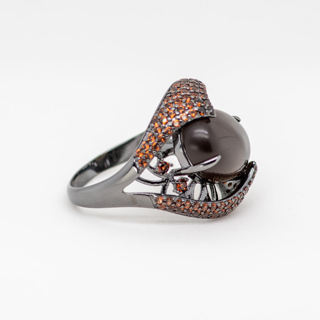 Morion Quartz Ring in Sterling Silver - Heron and Swan