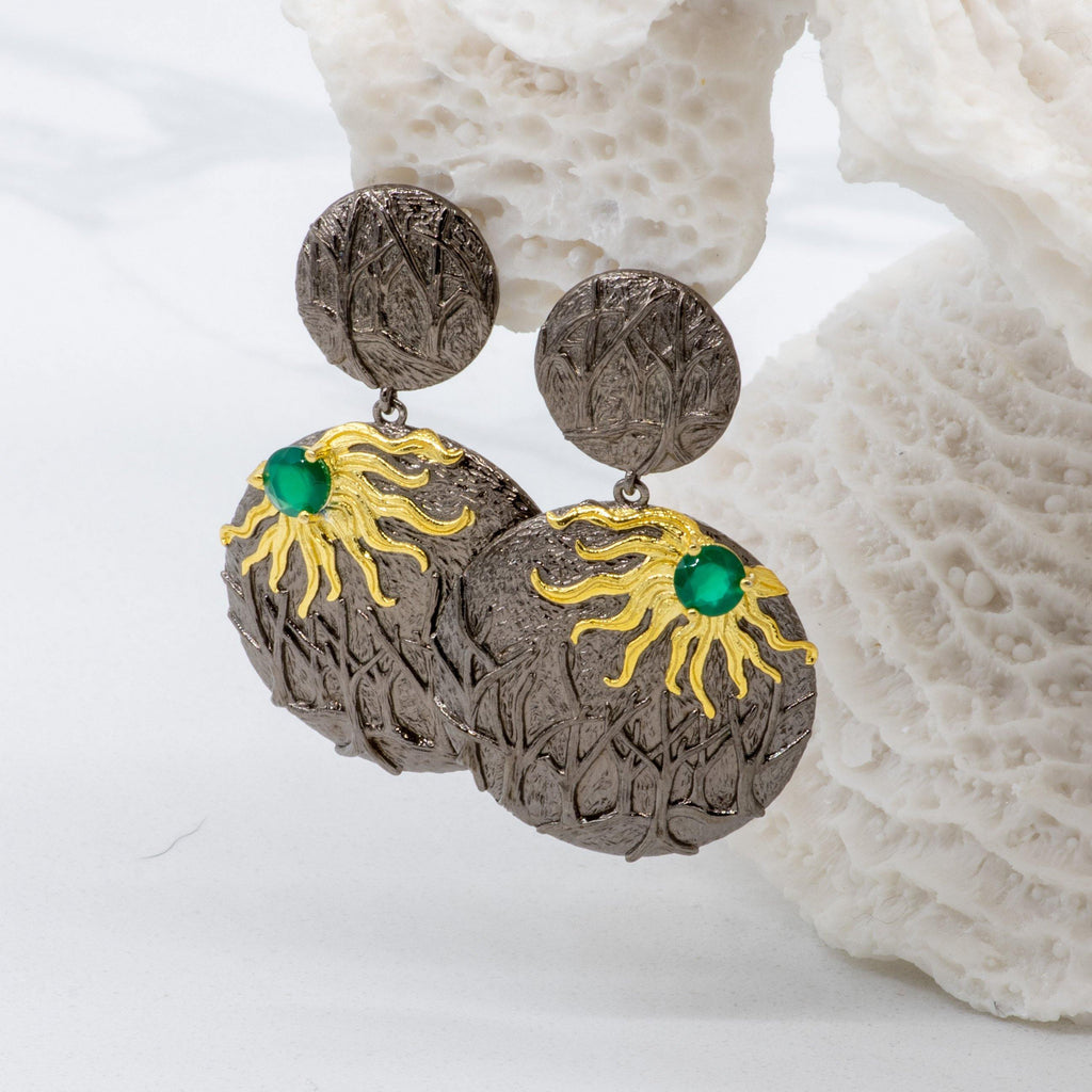 Silver "Rays" Green Agate Earrings - Heron & Swan