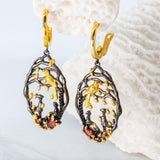 Silver Bird Scene Garnet Stone Drop Earrings - Heron & Swan