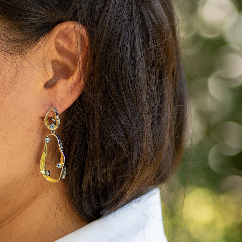 Silver "Swirl" Blue Topaz Stone Earrings - Heron & Swan