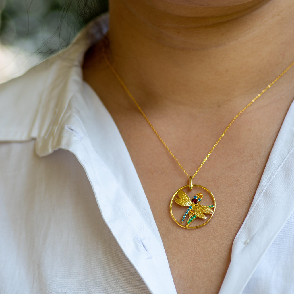 Silver Dragonfly Garnet Stone Pendant Necklace - Heron & Swan