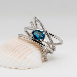 Lea Crossover London Blue Topaz Ring in Sterling Silver - Heron and Swan