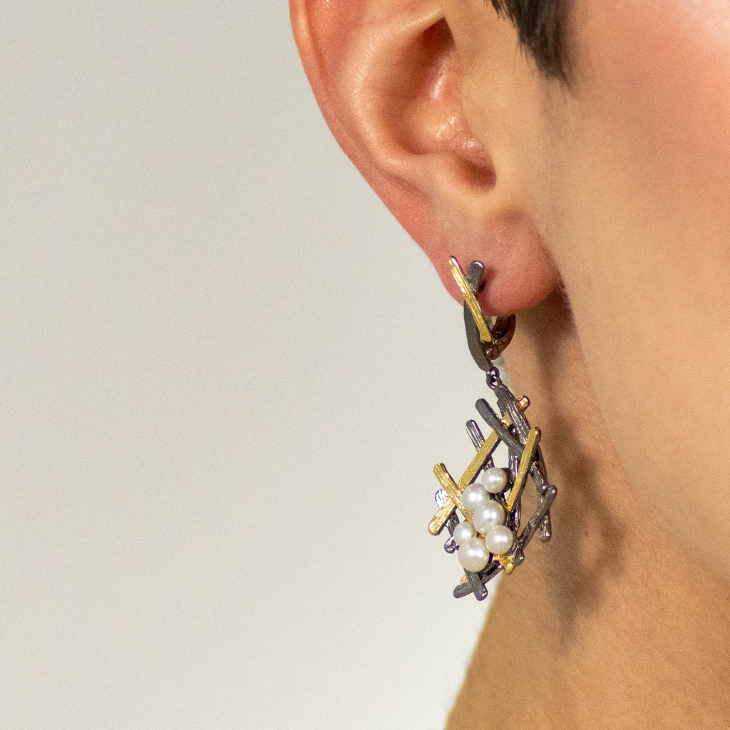 Alba Freshwater Pearl Earrings in Sterling Silver - Heron and Swan