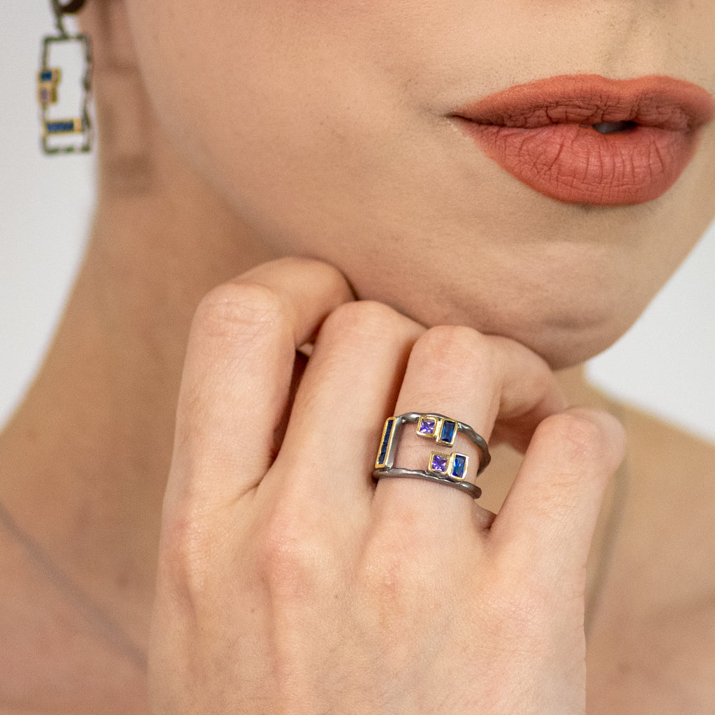 Araceli Blue Spinel Ring in Sterling Silver - Heron and Swan