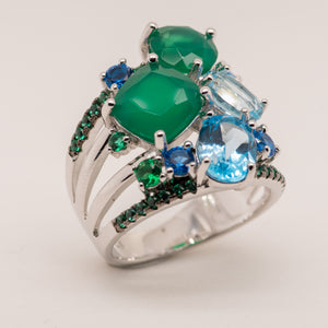 Forestly Green Agate Blue Topaz Ring in Sterling Silver - Heron and Swan