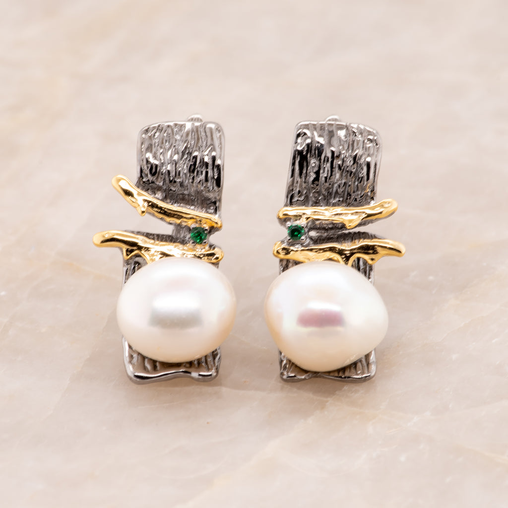 Irta Green Spinel Baroque Pearl Earrings in Sterling Silver - Heron and Swan