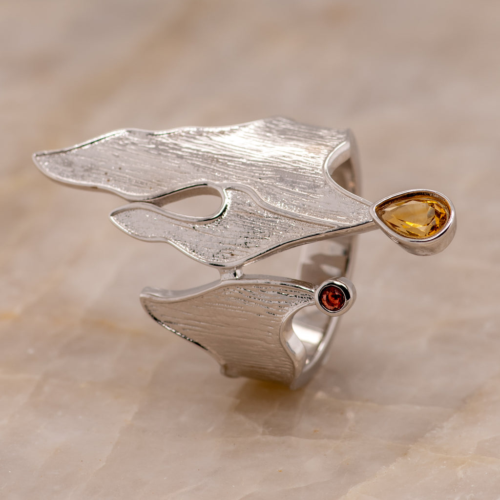 Odeta Citrine Garnet Ring in Sterling Silver - Heron and Swan