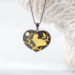 Silver Heart Shaped Cat Ethiopia Opal Stone Pendant - Heron & Swan
