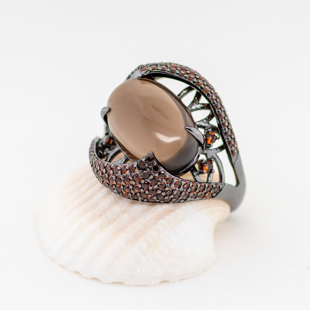 Morion Quartz Ring in Sterling Silver - Heron and Swan