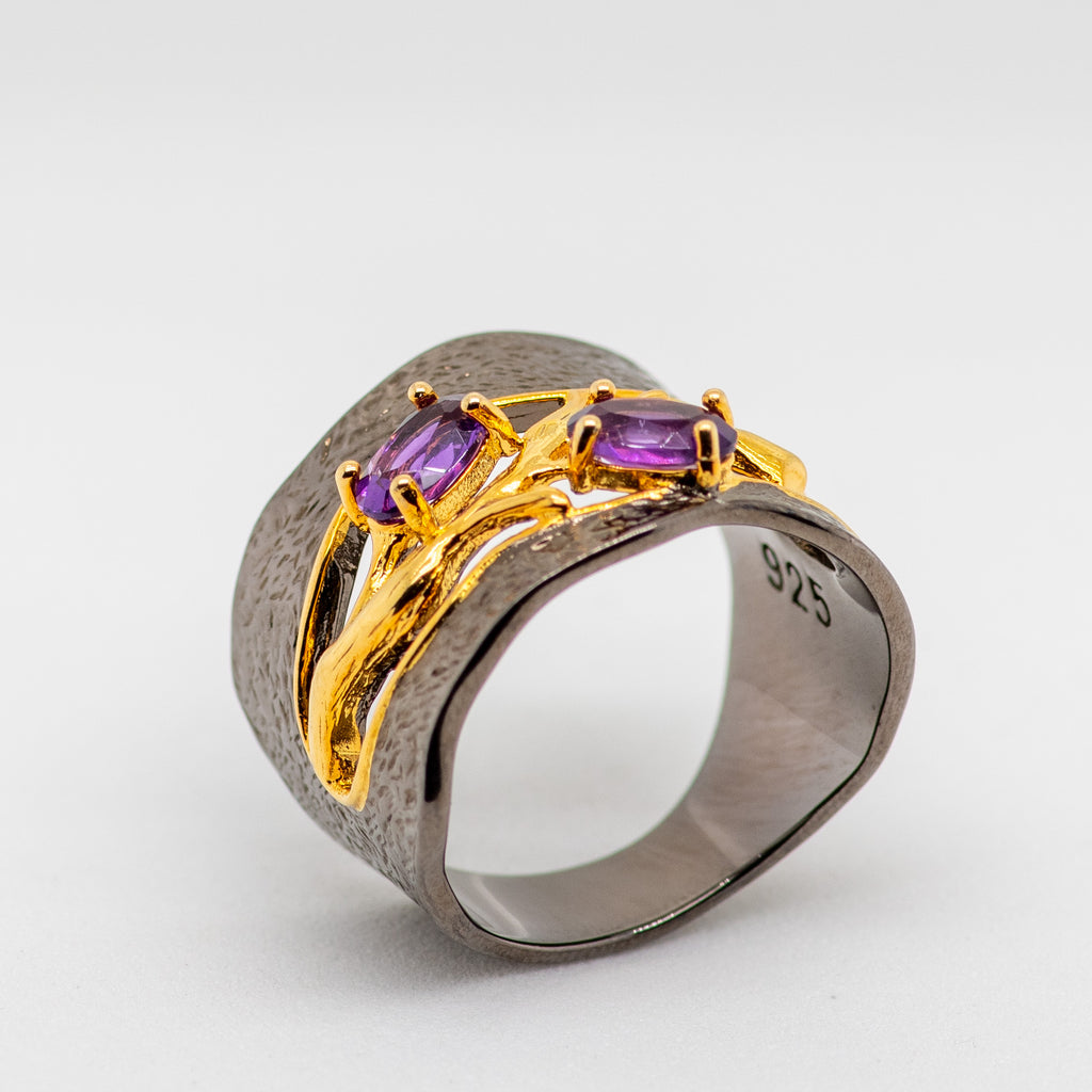 Wisteria Amethyst Ring in Sterling Silver - Heron and Swan