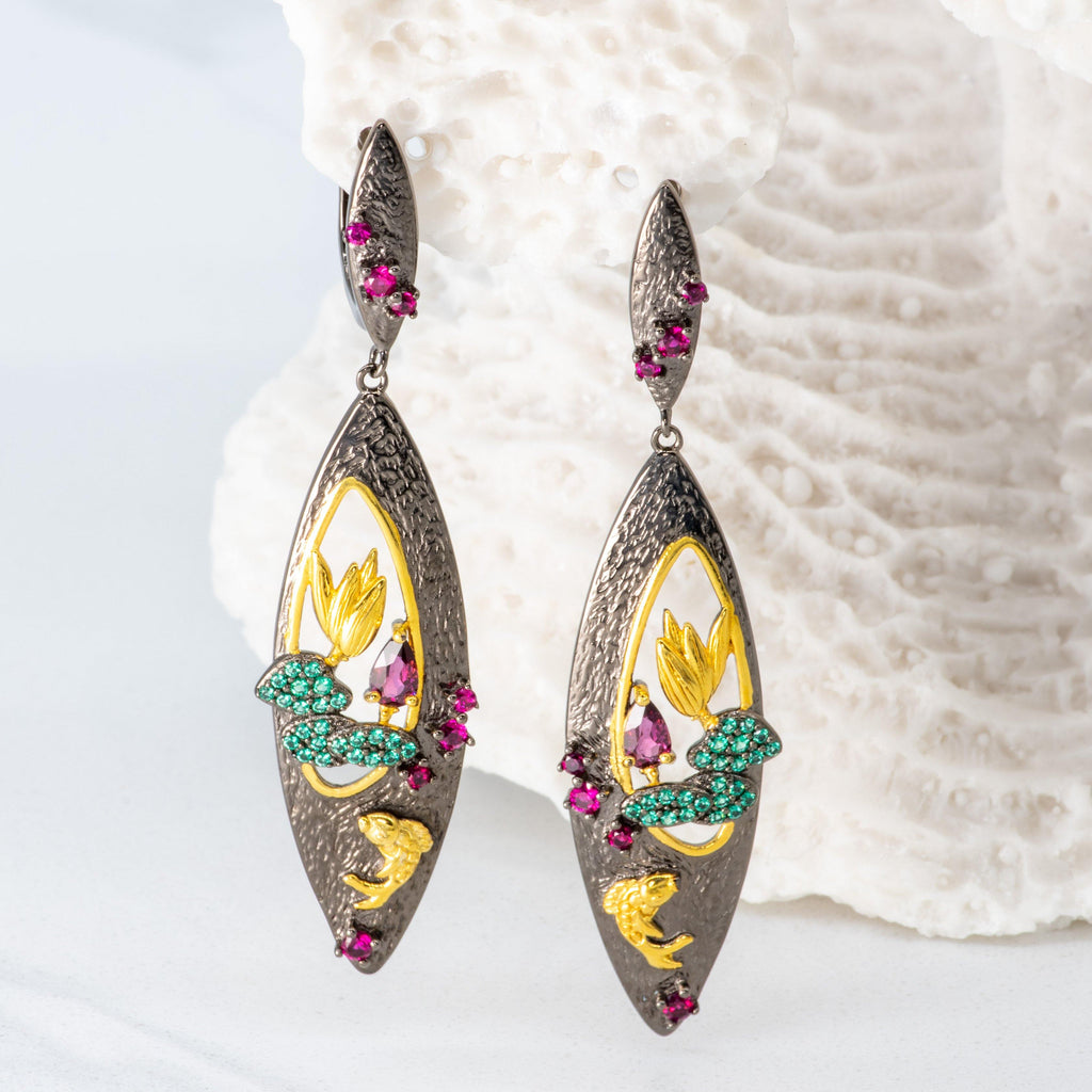 Silver Lily Goldfish Rhodolite Stone Drop Earrings - Heron & Swan