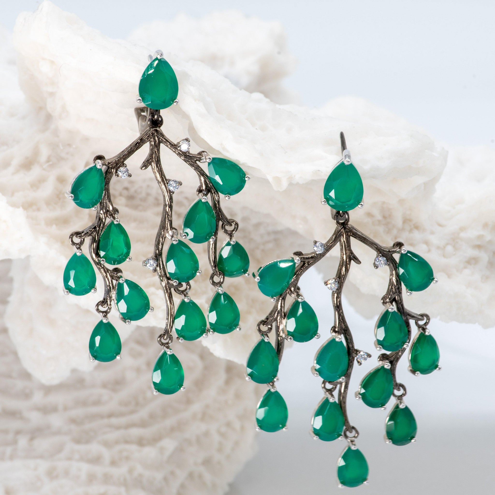 Buy Online Elegant and Stylish Cascade Green Agate Drop Earrings  | Buy Online Premium Quality Silver Cascade Green Agate Drop Earrings for special occasions - Heron and Swan 